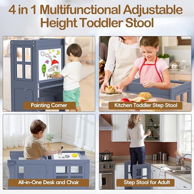 4 in 1 Toddler Kitchen Stool Helper, Adjustable Height Learning Standing Tower with Whiteboard, Toddler Step Stool 2 in 1 Convertible Table and Chair for Kids 1.5 to 6 Years Old
