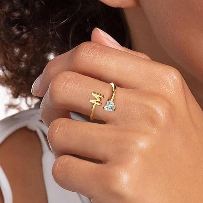 Gold Initial Rings for Women Girls - 18K Gold Plated Adjustable Letter A-Z Initial Ring Dainty Heart Zirconia Rings for Women Teen Girl Gifts