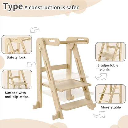 Kids Kitchen Step Stool, Foldable Toddler Tower, Height Adjustable Toddler Standing Tower with Safty Rail and Anti-Slip Device, Wooden Stool for 1.5-6 Years(Nature-Wood)