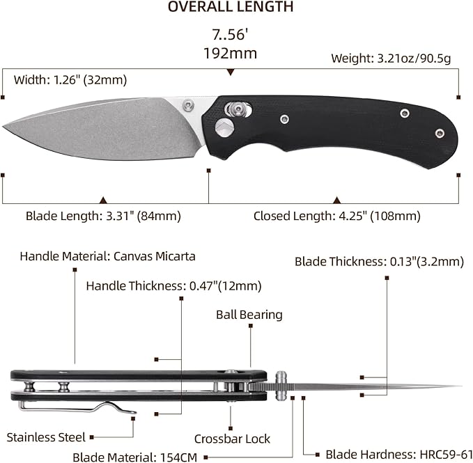 Folding Knife,Pocket Knife,3.31??154CM Blade,Erogonomic Canvas Micarta Handle,Survival Camping Knife with Pocket Clip,EDC Knife for Camping, Hunting, Hiking, Survival,Black