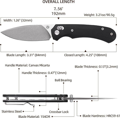Folding Knife,Pocket Knife,3.31??154CM Blade,Erogonomic Canvas Micarta Handle,Survival Camping Knife with Pocket Clip,EDC Knife for Camping, Hunting, Hiking, Survival,Black