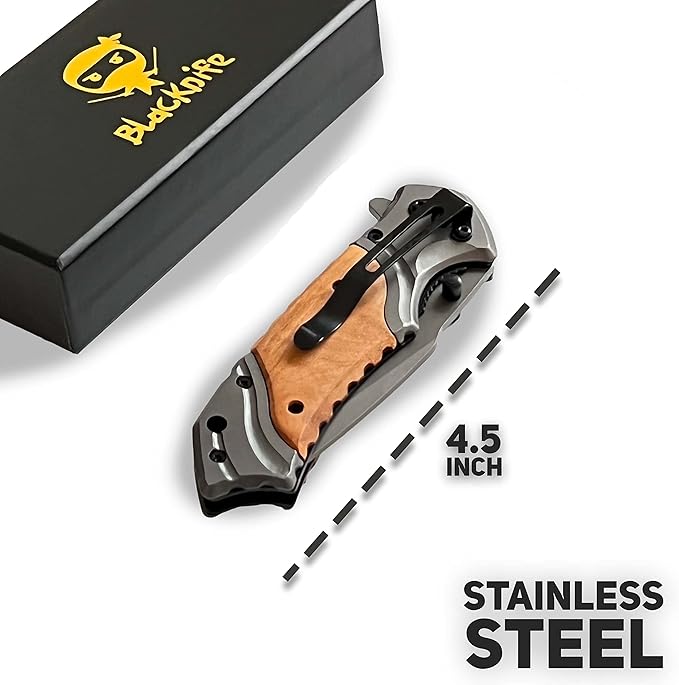 BlacKnife Pocket Knife For Men, Folding Pocket Knife with Wooden Handle and Clip – Stainless Steel and Ideal Knife for Camping, Hunting, DIY (Class of 2025)