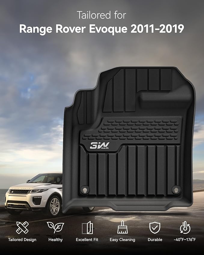 3W Durable TPE Black Floor Mats, Custom Fit for Range Rover/Land Rover Evoque 2011-2019 (Not for Convertible), 1st & 2nd Row All-Weather Vehicle Mat Set