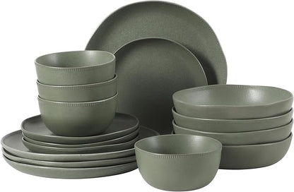 Gibson Elite Menlo Park 16-Piece Pottery Clay Stoneware Dinnerware Set – Green Reactive Glaze, Organic Shape Embossed Plates and Bowls W/Pasta Bowl, Service for 4 – Microwave & Dishwasher Safe