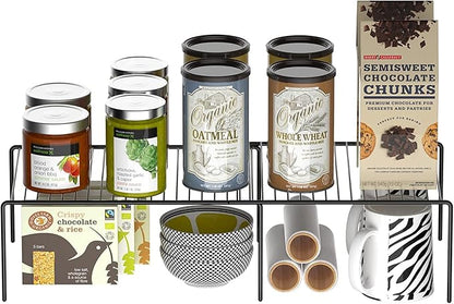 Kitchen Cabinet Expandable Shelf Organizers Set of 2, Adjustable Metal Wire Pantry Storage Shelves, Plate Dish Organizer Rack for Cabinets, Cupboard, Counter, Freezer, Countertop, Black