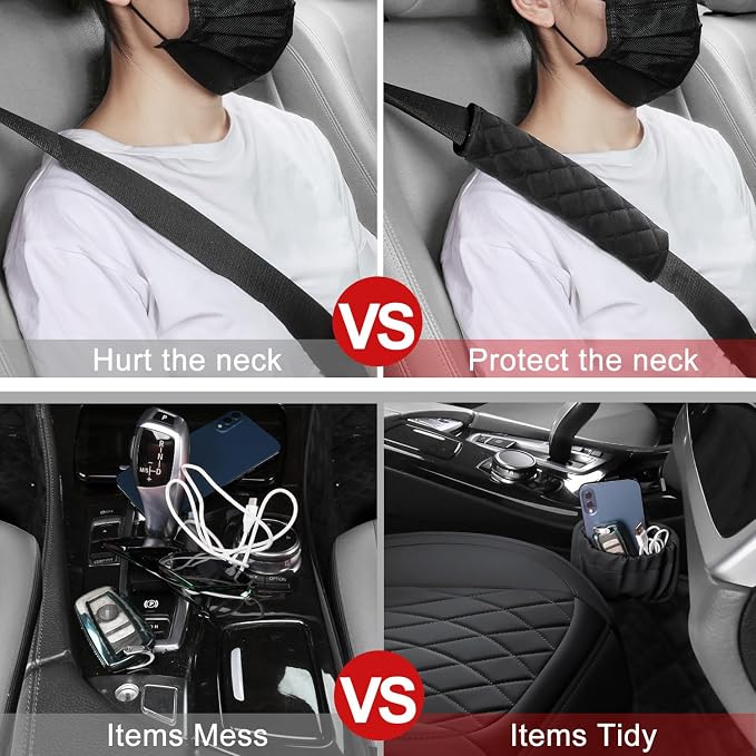 1 Pack Leather Front Car Seat Cover, Universal Sideless Car Seat Protector with Storage Pocket and Seat Belt Pad, Waterproof Automotive Seat Cover Cars Trucks SUV(Black)