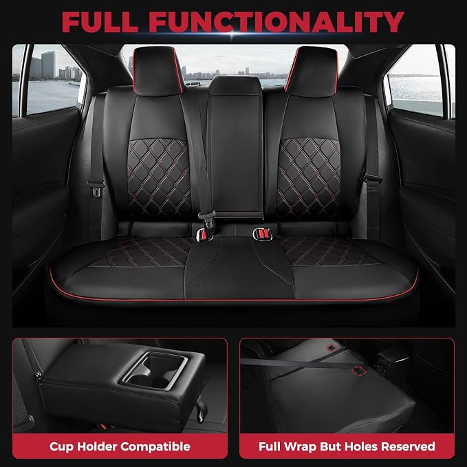 FREESOO for Toyota Corolla Seat Covers L LE XLE, LE Eco Sedan 2014 2015 2016 2017 2018 2019, Luxury Leather Seat Covers for Cars, Custom Fit Car Seat Covers, Waterproof Seat Cover, Black Red Full Set