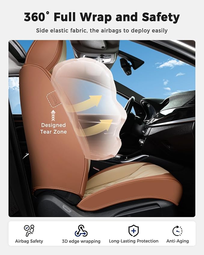 Huidasource Front Seat Covers, Universal Fit for Most Cars SUV Trucks, Full Coverage Leather Seat Cover, Airbag Compatble, Seat Function Retain, Storage Pocket Design, Easy to Install, Brown & Beige