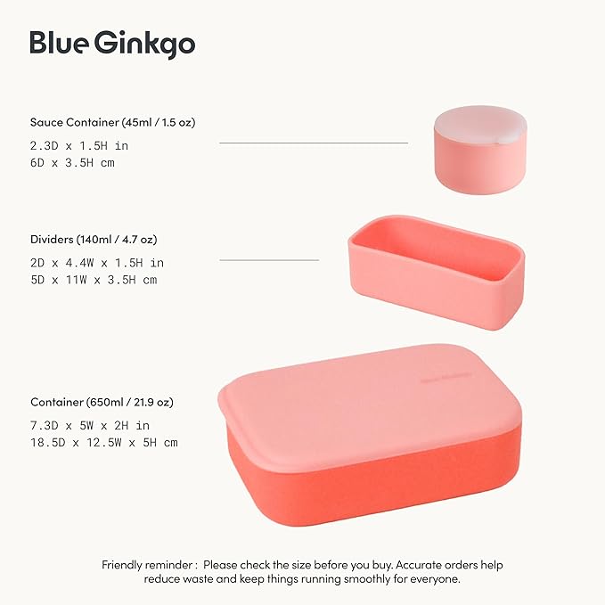 BLUE GINKGO Silicone Lunch Box Set – Durable Heavy-Duty Silicone Bento Box, Microwave, Freezer, Dishwasher Safe – Airtight, BPA Free (Made in Korea, Coral)
