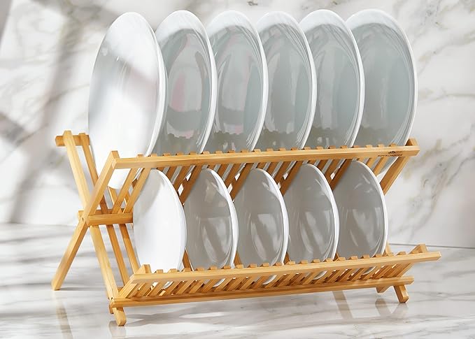 RoyalHouse Premium Natural Bamboo Dish Rack, Collapsible Dish Drainer, Foldable