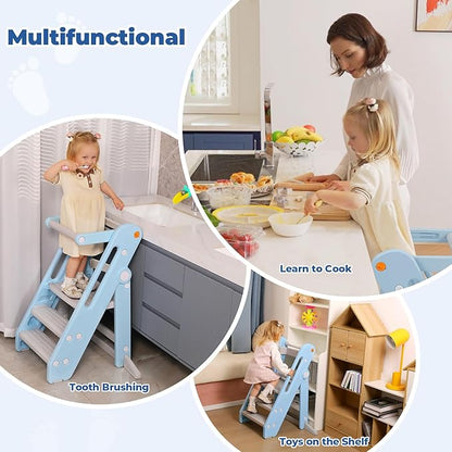 Onasti Toddler Tower Kitchen Stool Helper, Foldable & Adjustable Height Kids Learning Stool for Kitchen Counter Bathroom Sink, Child Ladder for Toddlers with Handles, Safty Rail, Non-Slip Pads-Blue