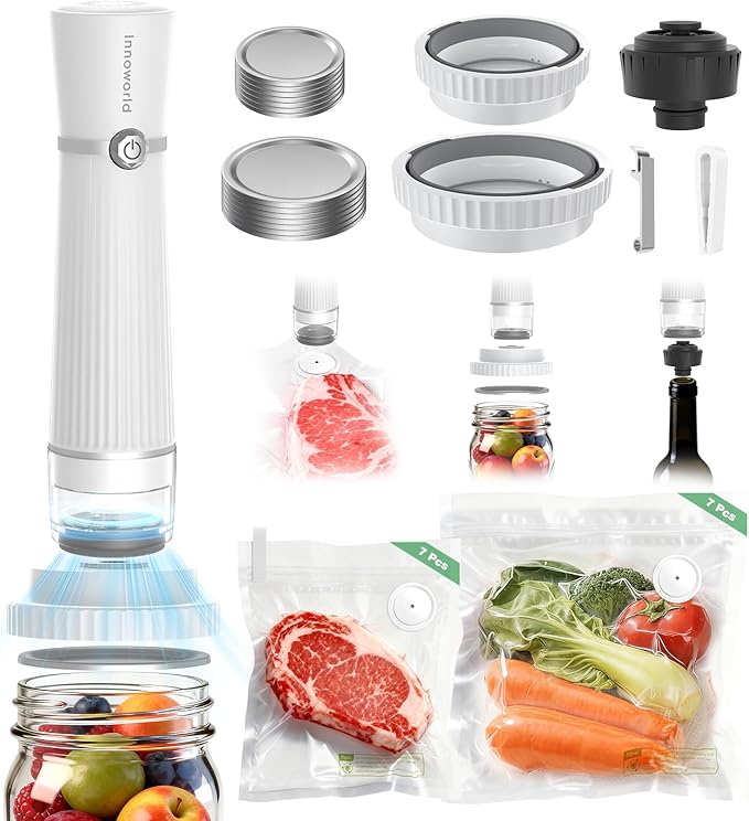 3-in-1 Vacuum Sealer for Food Compatible with Vacuum Bag, Mason Jar, Wine Bottle, Handheld Saver Compact Vacuum Sealer Machine with 14 Reusable Bags, 14 Mason Jar Lids, Wine Stopper