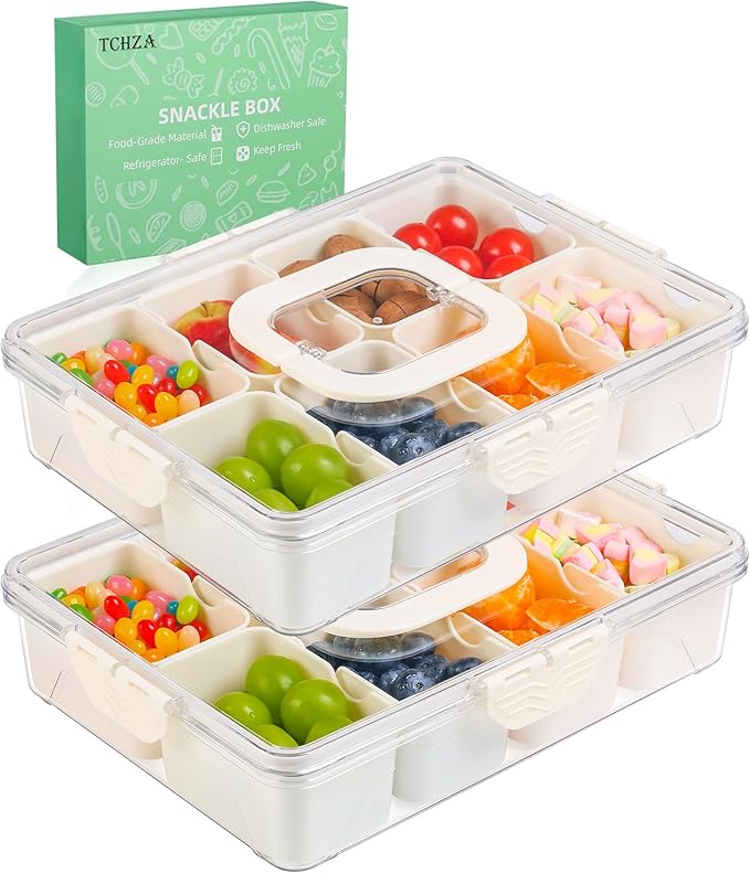 2 Pack Snackle Box Container - Dishwasher Safety Divided, Serving Tray with Lid and Handle - Charcuterie Board for Portable Snack Platters - Clear Organizer for Fruits Snacks,Perfect for Road Travel