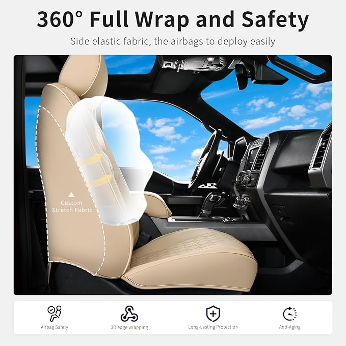 Huidasource F150 F250 F350 Front&Rear Leather Seat Covers Fit for 2015-2025 Ford F150 SuperCrew & 2017-2025 F250 F350 F450 Super Duty Crew Cab XL XLT Lariat King Ranch Platinum(Full Set/Beige)