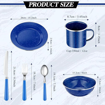 Nuogo 48 Pcs Enamel Camping Tableware Includes 12 oz Coffee Mugs 10.5 Inch Camping Plates 6 Inch Bowls and Utensils Set Includes Knife Fork Spoon for Outdoor RV(Blue)