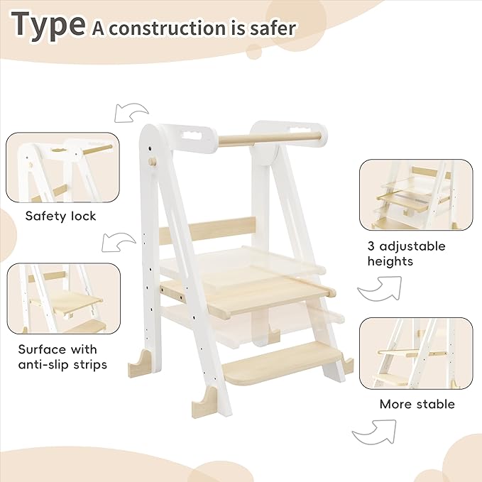 Kids Kitchen Step Stool, Foldable Toddler Tower, Height Adjustable Toddler Standing Tower with Safty Rail and Anti-Slip Device, Wooden Stool for 1.5-6 Years(White-Wood)