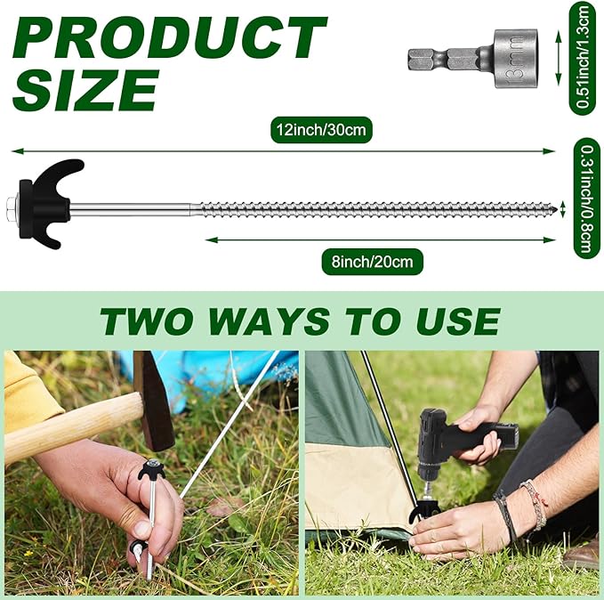 JaGely 20 Pcs 12 Inch Tent Stakes Screw in Camping Stake Heavy Duty Metal Spikes Ground Anchor Peg Threaded Tent Spikes with Hex Head Driver for Camping Garden Inflatable Outdoor Decor (Black)