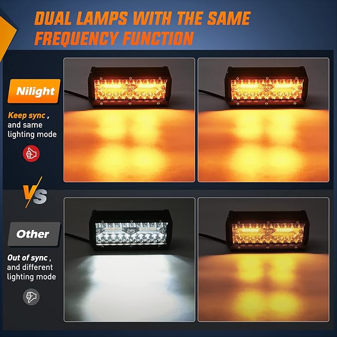 Nilight 2PCS 6.5 Inch 120W LED Light Bar Amber White Strobe 6 Modes Memory Function Off-Road Truck Car ATV SUV Cabin Boat with 16AWG Wiring Harness Kit-2 Lead