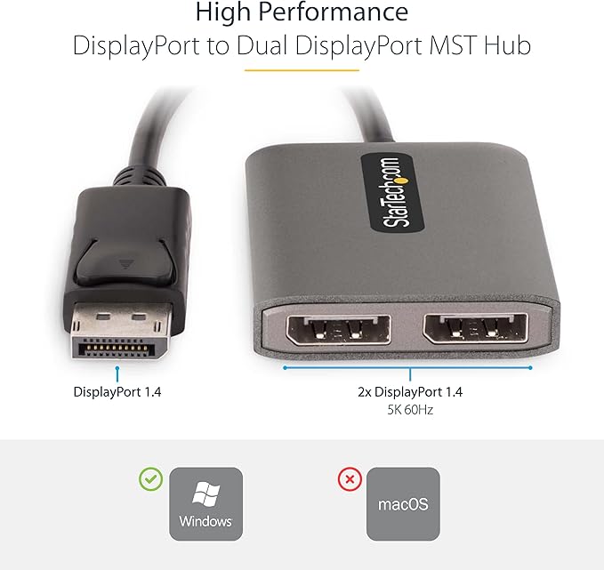 StarTech.com 2-Port DisplayPort 1.4 Splitter, DP to 2x DP Multi-Monitor Adapter