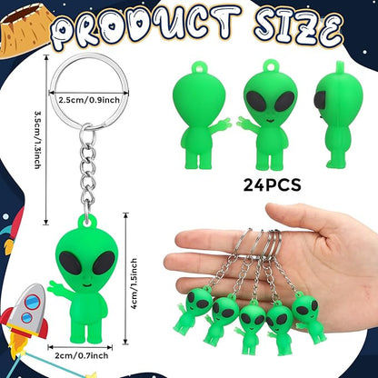24 Pcs Alien Party Favors Alien Keychains Glow in The Dark Space Keychain Mini Aliens Figures Little Bulk Gift Prizes Goodie Bag Piñata Halloween Stuffers for Music Festival Easter (Green)