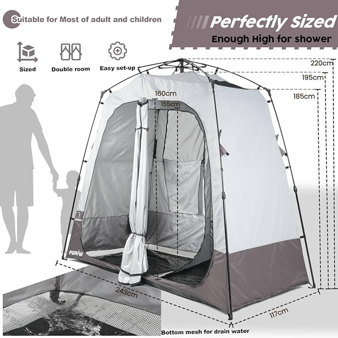Camping Shower Tent Deluxe Changing Room Easy Set Up Privacy Shelter,Large Toilet Tent with Floor Drain Design for Beach, Camping,Hiking with Stakes and Ropes for Stability