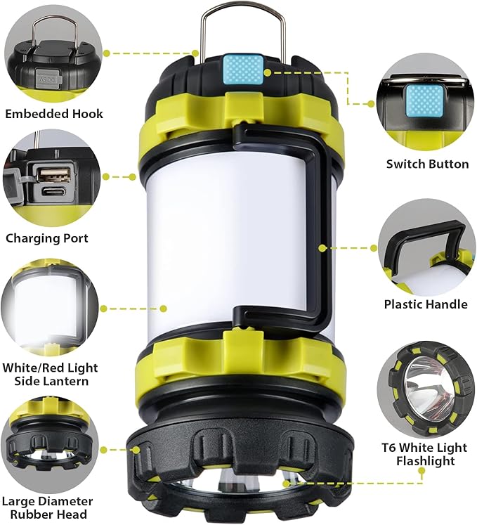 2 Pack Camping Lantern, Outdoor Led Camping Lantern, Rechargeable Flashlights with 1000LM, 6 Modes, 4000mAh Power Bank, IPX5 Waterproof Portable Emergency Camping Light for Hurricane Hiking