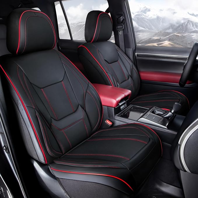 Coverland Custom Car Seat Covers Front Seats for 2022-2026 Toyota Corolla Cross - Protector Water Resistant Leather Memory Form Back Support Seat Cushion [Front - Black with Red Stitching]