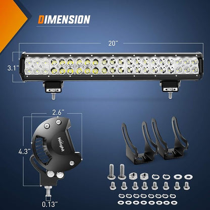 Nilight - ZH001 20Inch 126W Spot Flood Combo Led Off Road Led Light Bar 2PCS 18w 4Inch Flood LED Pods With 16AWG Wiring Harness Kit-2 Lead, 2 Years Warranty
