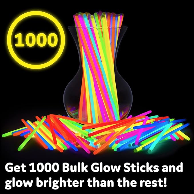 PartySticks Glow Sticks Party Supplies 1000 pack - 8 Inch Glow in The Dark Light Up Sticks Party Favors, Glow Decorations, Neon Party Glow Necklaces and Bracelets with Connectors