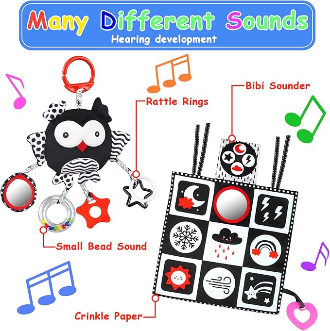 KUANGO Black and White High Contrast Baby Toys 0-6 Months with Mirror, Crinkle and Rattles, Soft Baby Toys for Brain Development Montessori Sensory Tummy Time Newborn Infant for 0 3 6 9 Months Old
