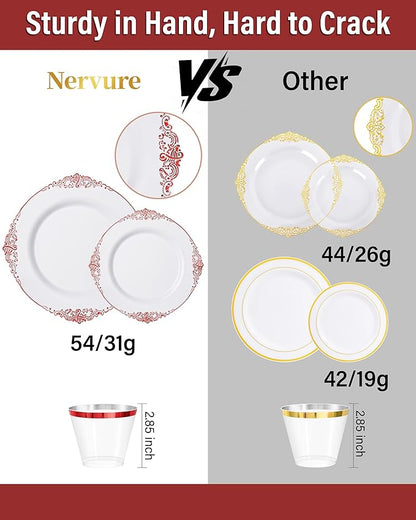 Nervure 350PCS Red Plastic Plates - White Red Plastic Dinnerware Set for 50 Guests - 100 Red Disposable Plates, 50 Pre Rolled Cutlery Set, 50 Cups Perfect for Wedding, Party & Christmas