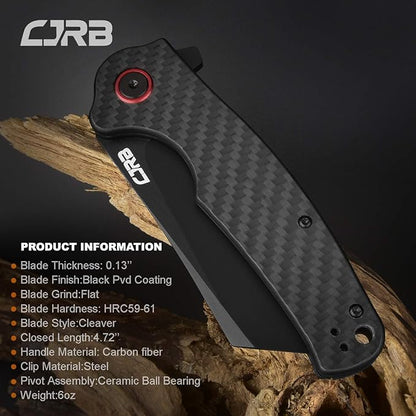 CJRB Crag Folding Pocket Knife, 3.43" AR-RPM9 Steel Blade Carbon Fiber Handle EDC Knife with Pocket Clip for Men Women Camping Survival Hiking, Black (J1904)