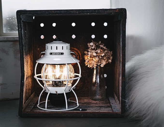 Barebones Railroad Lantern ??Vintage White, Vintage-Inspired LED Camping Lantern with Rechargeable Battery ??Adjustable Brightness Outdoor Light for Camping Gear, Backyard, and Home Decor