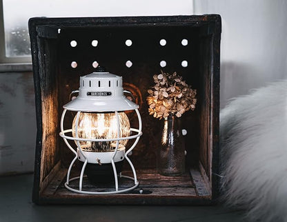 Barebones Railroad Lantern ??Vintage White, Vintage-Inspired LED Camping Lantern with Rechargeable Battery ??Adjustable Brightness Outdoor Light for Camping Gear, Backyard, and Home Decor