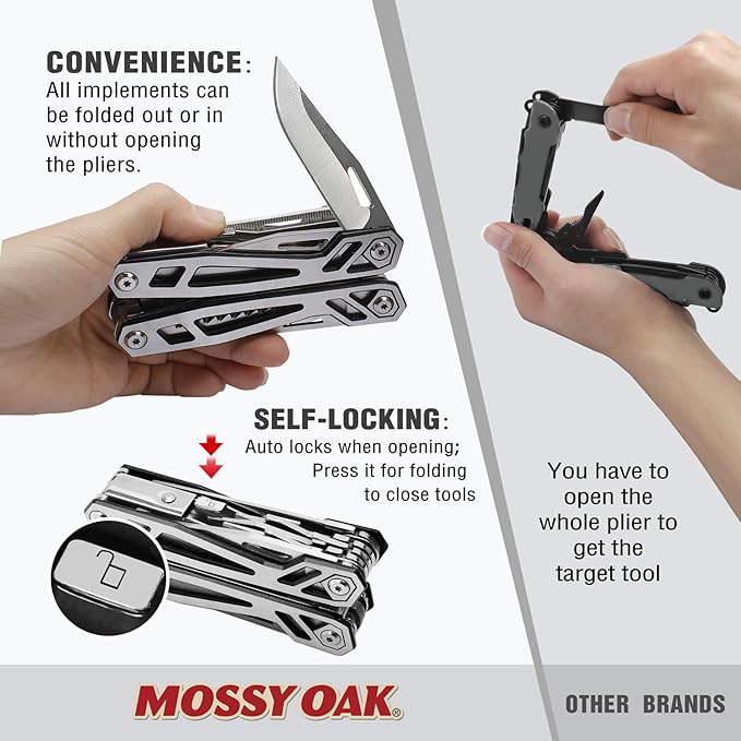 MOSSY OAK Multitool, 21-in-1 Stainless Steel Pocket Knife with Screwdriver Sleeve, Self-locking Pliers with Sheath-Perfect for Outdoor, Survival, Camping, Hiking, Simple Repair