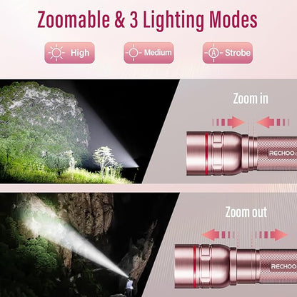 Rechargeable Flashlights High Lumens, G1000 Super Bright Flash Light Pink, Small Zoomable LED Flashlight with 3 Lighting Modes, Portable Tactical Flashlight for Camping Essentials, Gift for Women