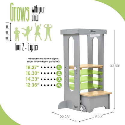Little Partners Foldable Toddler Tower, Learning Tower Explore 'N Store Montessori Standing Kitchen Tower with Folding Step Stool Platform for Cooking and Learning, Ages 2+ (Silver Drop W/Natural)