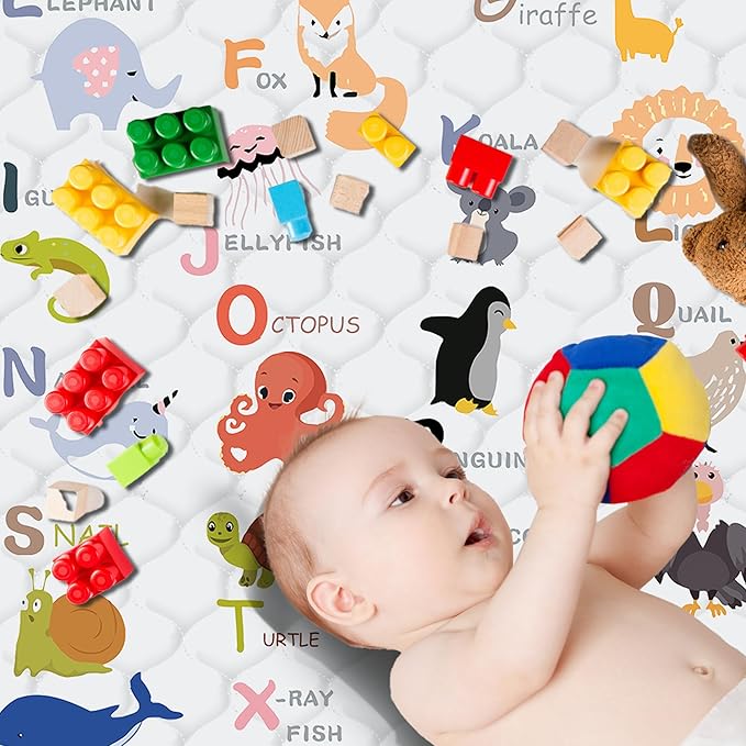 Baby Play Mat，Thick Soft 50" X 50" Playpen mat, Non-Slip and Machine Washable Baby Play Mats for Floor，Crawling Mat for Babies, Toddlers & Infants to Play and Learn (Animal Alphabet-A)