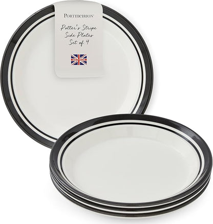 Portmeirion Potter's Striped Dinner Plate (Set of 4) - 8-Inch Stackable Earthenware Plates - Microwave & Dishwasher Safe, Handcrafted Dinnerware for Casual & Formal Table Settings (Black Stripe)