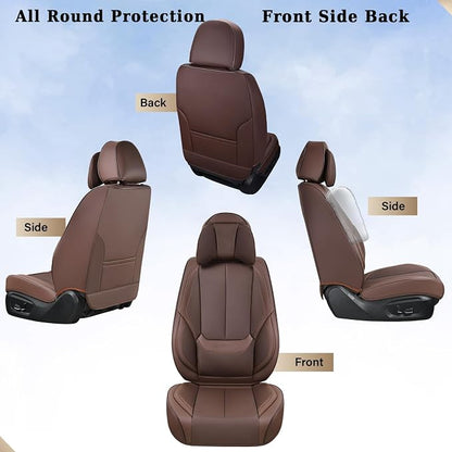 Coverado Front and Back Seat Covers, Waterproof Nappa Leather Auto Seat Protectors Full Set with Head Pillow, 5 Pieces Universal Car Accessories Fit for Most Sedans SUV Pick-up Truck, Brown