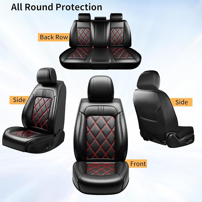 Focus Car Seat Covers Custom Fit for Ford Focus 2009-2018, Premium Full Coverage Leather Automotive Seat Protectors, All Seasons Waterproof Breathable, Airbag Compatible (Full Set Red Black)