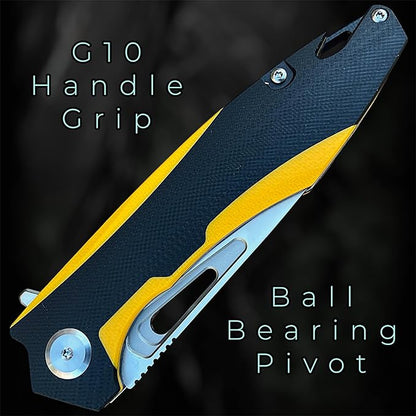 TACTICAL GEARZ Pocket Folding Knife for EDC, D2 Steel Blade, Dual Color G10 Handle, Includes Sheath (Kuma Yellow/Black)