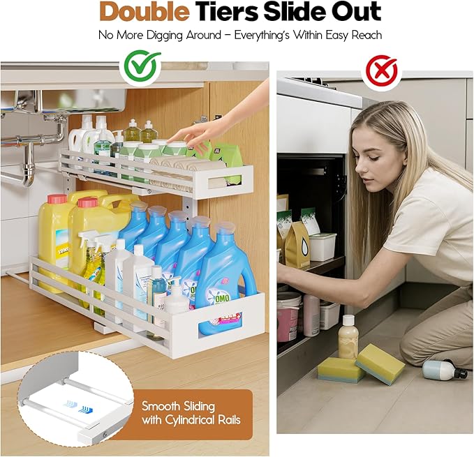 2-Pack 20.47"Deep Under Sink Organizer And Storage, 2-Tier L-Shaped Pull Out