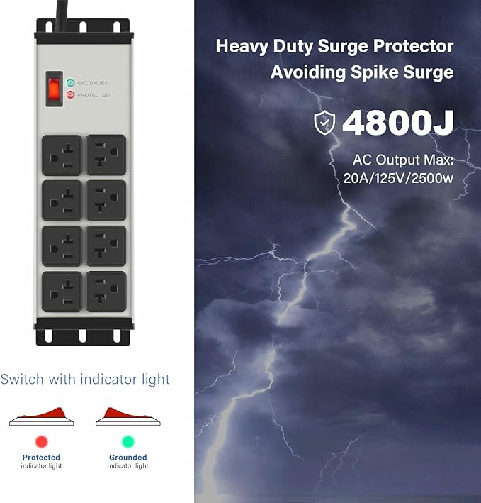 CCCEI 2PCS Heavy Duty Power Strip Surge Protector 20 AMP, 8 Outlets 12 Gauge