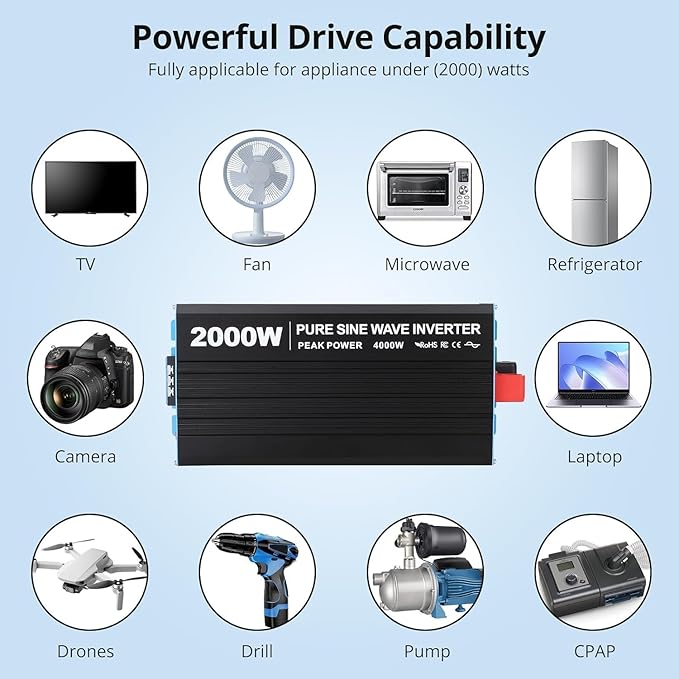 2000W Pure Sine Wave Inverter, 1 USB Port 5v/2.1a, LCD Display&Remote Controller