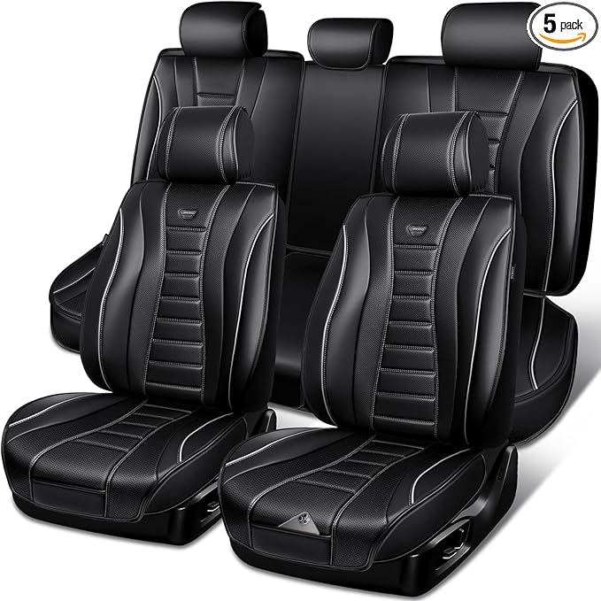 CAR PASS Universal Fit Piping Leather Seat Covers for Cars SUV Trucks, Waterproof Nappa Leather Car Seat Covers Full Set, 3D Foam Cushions Seat Cover Luxury&Comfort&Durable Airbag Compatible, Black