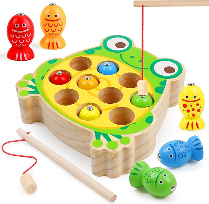 Magnetic Wooden Fishing Game Toys for Toddlers,Wooden Frog Magnets Fishing Learning Color Sorting Puzzle Montessori Preschool Educational Fine Motor Skills for 3 4 5 Years Old Boys Girls