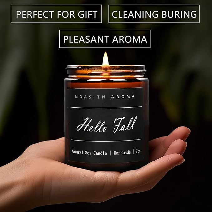 MOASITN Hello Fall Scented Candles for Home| Natural Soy Fall Candle| Handmade Long Lasting Aromatherapy Candle| Jar Candel Gift for Women,Men| as Halloween,Birthday,Relaxing Gifts| 7oz