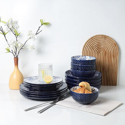 Selamica Dinnerware Sets 16 Piece, Ceramic Plates and Bowls Set, Embossed Dishes Set for 4, Housewarming, Dark Blue