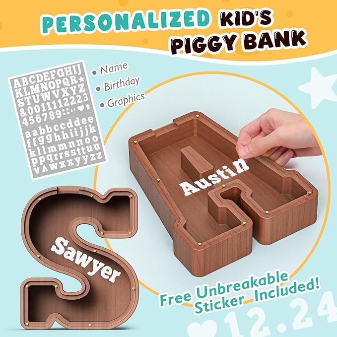 Summidate Wooden Letter Piggy Bank, Extra Thick Large Capacity Piggy Bank for Kids Boys Girls Toddler, Alphabet S Money Bank| Coin Box Birthday, Christmas, Festival